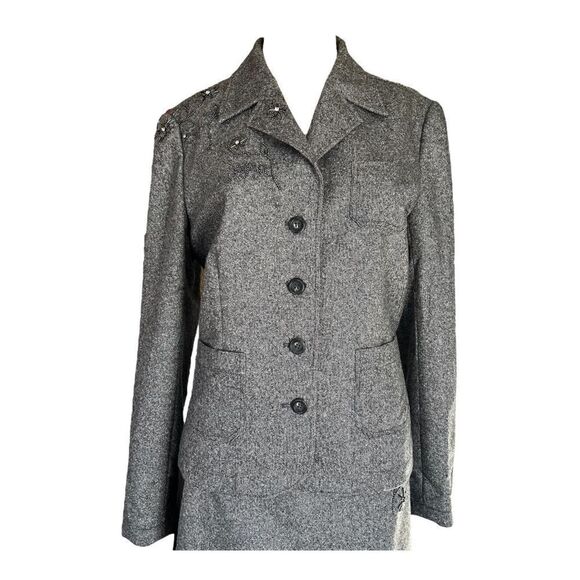 NEW Tyler Boe Wool Skirt Blazer Suit Grey Black Lace Silk Button Zip Women 12/10 - Picture 3 of 15